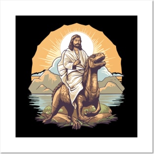 Jesus Christ on a Velociraptor Funny Dinosaur Meme Posters and Art